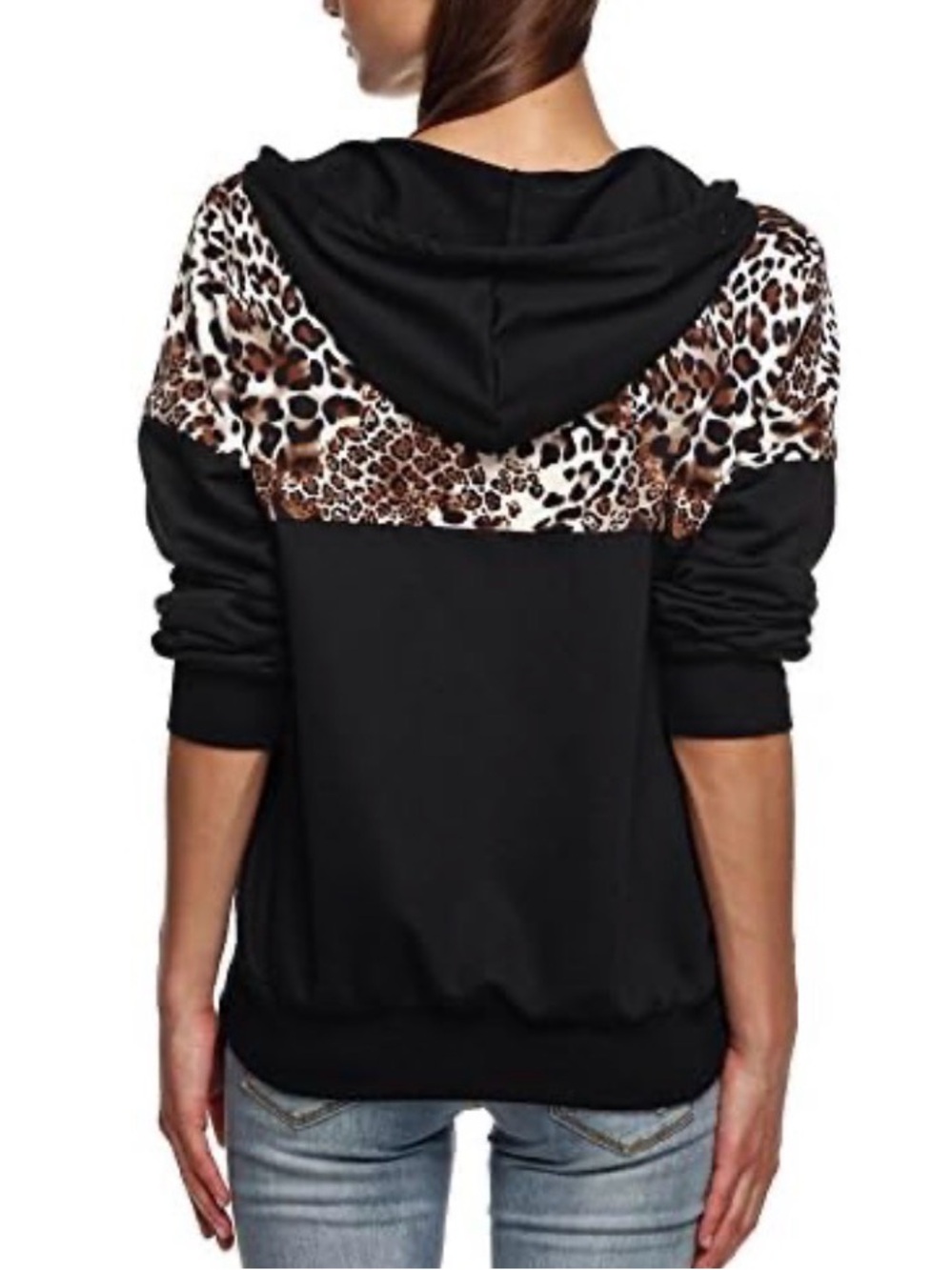 Women’s Black Zip-Up Hoodie with Leopard Print Accent - Picture 3 of 6